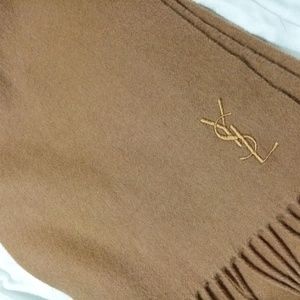 Saint Laurent YSL Logo Camel Fringe Wool Scarf